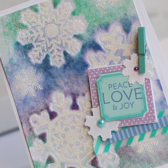 Stamps:  Snowflake Medley, Framed Out #1, Bells &amp; Boughs<br />
Ink:  Aqua Mist, Blueberry...