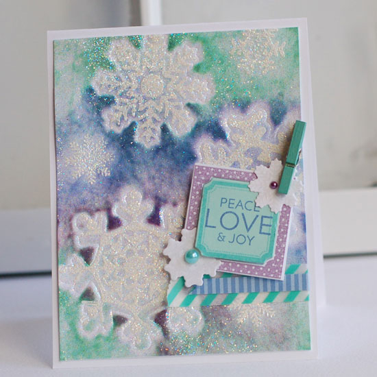 Stamps:  Snowflake Medley, Framed Out #1, Bells &amp; Boughs<br />
Ink:  Aqua Mist, Blueberry...