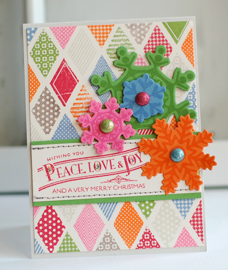 Stamps:  Happy Harlequin, Snowflake Medley, Happiest of Holidays<br />
Cardstock:  vintage...