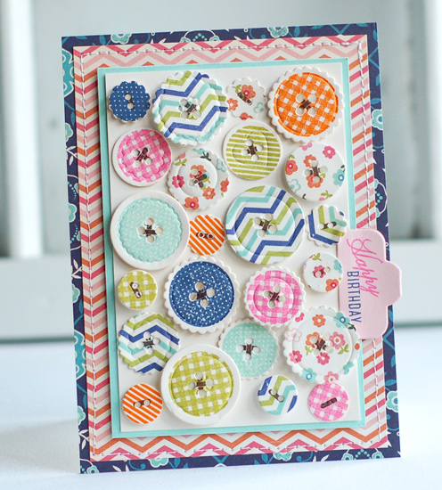 Stamps:  Bits &amp; Buttons, Happy Harlequin<br />
Ink:  Orange Zest, hibiscus, simply...
