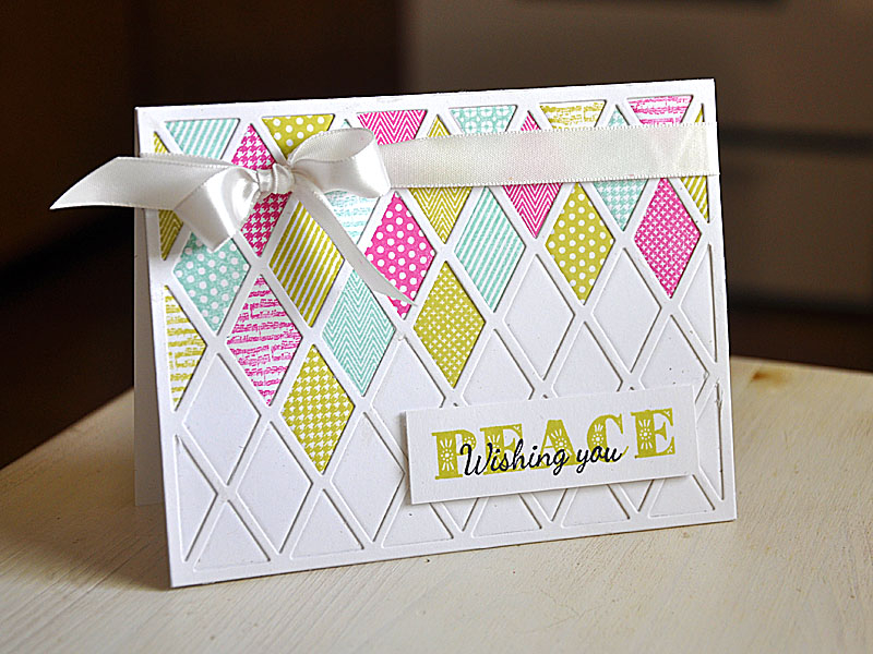 Stamps: Happy Harlequin and Peace, Love &amp; Joy<br />
Ink:  Aqua Mist, Spring Moss, Raspberry...