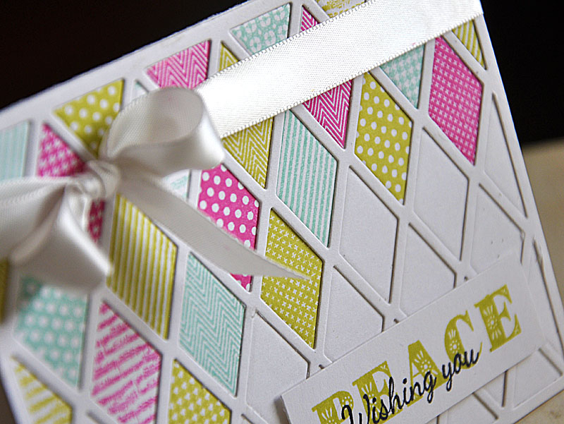 Stamps: Happy Harlequin and Peace, Love &amp; Joy<br />
Ink:  Aqua Mist, Spring Moss, Raspberry...