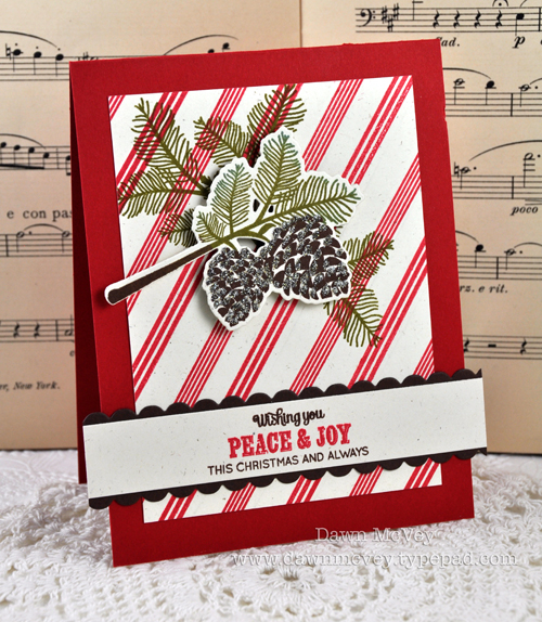 Paper: rustic cream, dark chocolate, pure poppy<br />
Stamps: Peaceful Pinecones, Background...