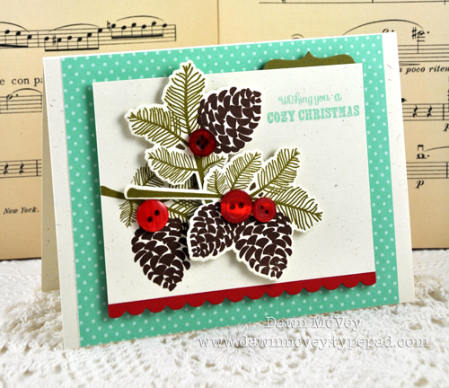 Paper: rustic cream, ripe avocado, pure poppy, aqua mist pattern pack<br />
Stamps: Peaceful...