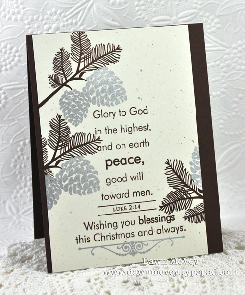 Paper: rustic cream, dark chocolate<br />
Stamps: Peaceful Pinecones, Beautiful Blessings:...