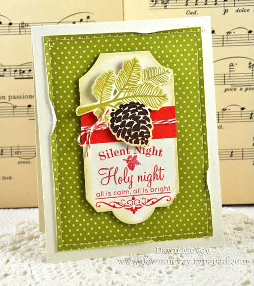 Paper: rustic cream, simply chartreuse pattern pack<br />
Stamps: Peaceful Pinecones, Happiest...