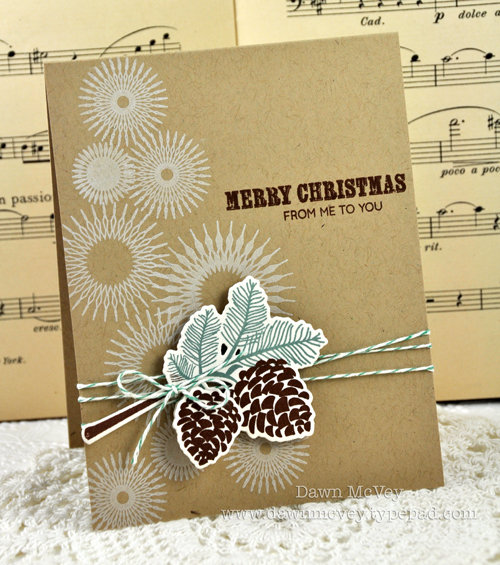 Paper: kraft, rustic cream<br />
Stamps: Peaceful Pinecones, Snowflake Flurries<br />
Ink:...