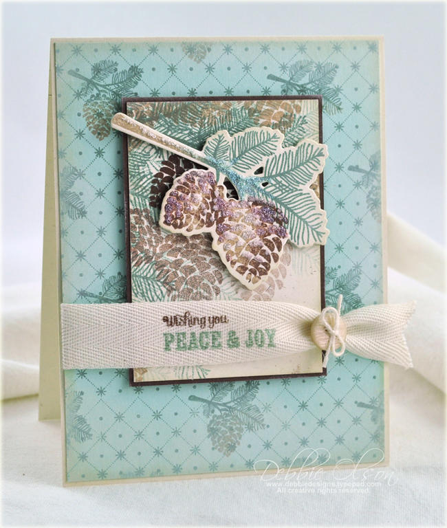 Stamps: Peaceful Pinecones<br />
Ink:  Kraft, Chocolate Chip, Ocean Tides, Chamomile Distress...