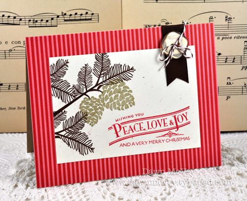 Paper: rustic cream, pure poppy pattern pack<br />
Stamps: Peaceful Pinecones, Happiest of...