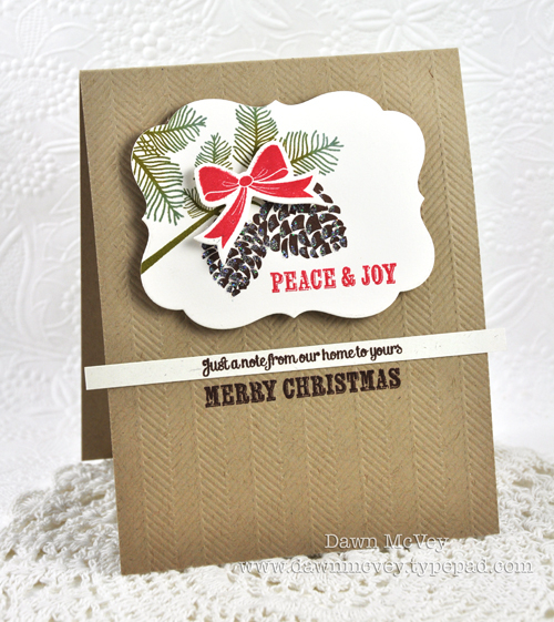 Paper: rustic cream, kraft<br />
Stamps: Peaceful Pinecones, Bells &amp; Boughs<br />
Ink:...