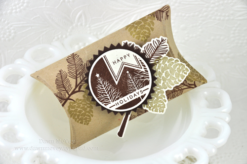 Paper: kraft, dark chocolate, rustic cream<br />
Stamps: Peaceful Pinecones, 2011 Holiday...