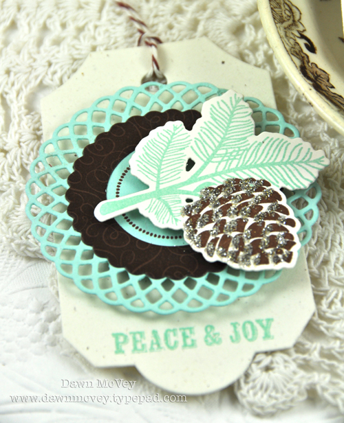 Paper: rustic cream, aqua mist, dark chocolate<br />
Stamps: Peaceful Pinecones, Framed Out...