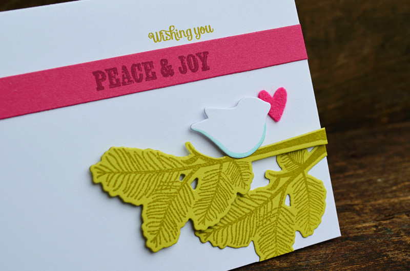 {Peace &amp; Joy} card<br />
<br />
Stamps - Peaceful Pinecones<br />
CS - White, Raspberry...