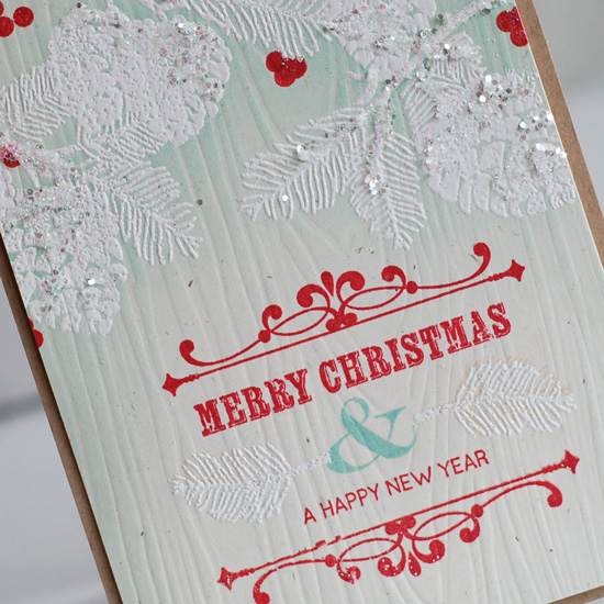 Stamps:  Peaceful Pinecones, Over Under Easy<br />
Ink:  Aqua mist, pure poppy, versamark<br />...