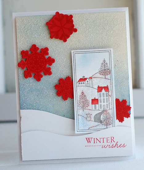 stamps: winter hills, snowflake medley<br />
ink:  pure poppy, aqua mist, spring rain,...