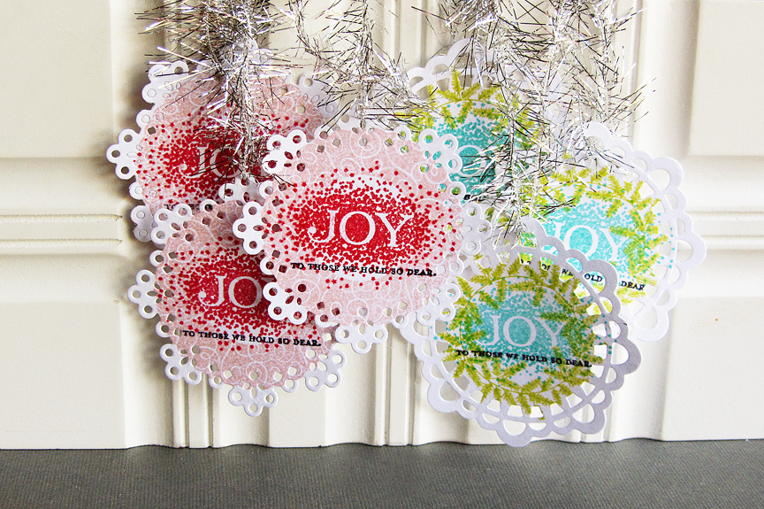 STAMPS: 2012 Holiday  Tags, Framed Out #9<br />
INK: Sweet Blush, Pure Poppy, Limeade Ice,...