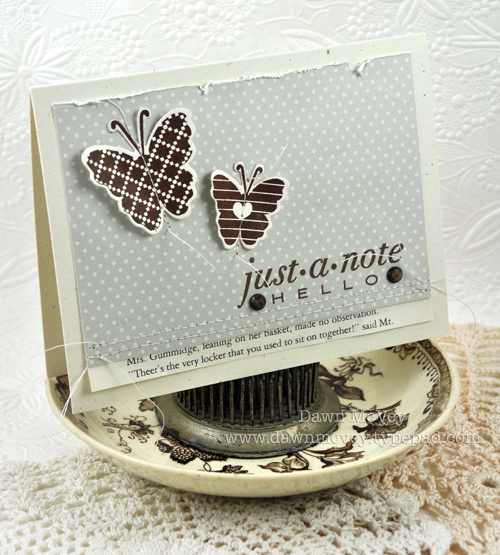 Paper: rustic cream, soft stone pattern pack, vintage book print<br />
Stamps: Heart-2-Heart...