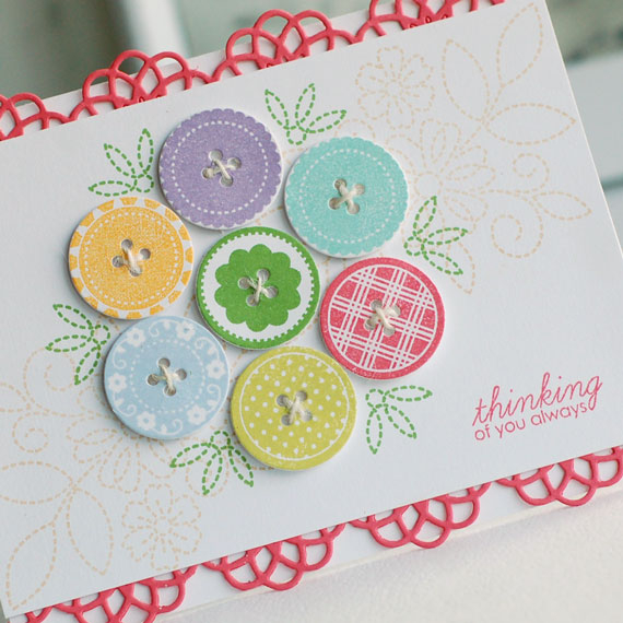 Stamps:  Button Up, Stitches &amp; Swirls, Framed Out #10<br />
Ink:  Fine Linen, New Leaf,...