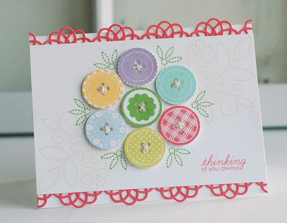 Stamps:  Button Up, Stitches &amp; Swirls, Framed Out #10<br />
Ink:  Fine Linen, New Leaf,...