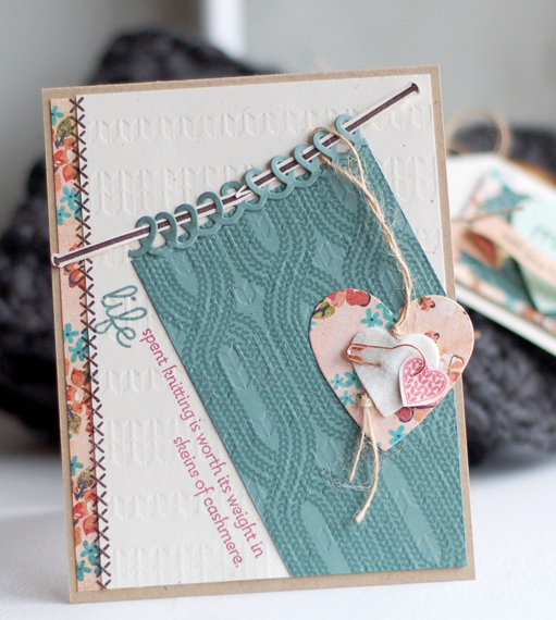 Stamps:  Knit Bits, Purls of Wisdom, Sew Simple Borders<br />
Ink:  Ocean Tides, Pine Feather,...