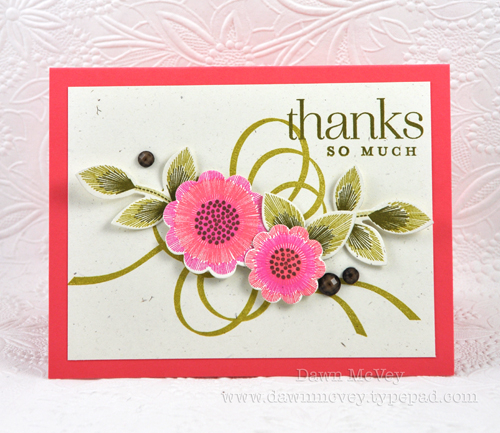 Paper: rustic cream, berry sorbet<br />
Stamps: Embroidered Blooms, Ribbons &amp; Bows<br />...