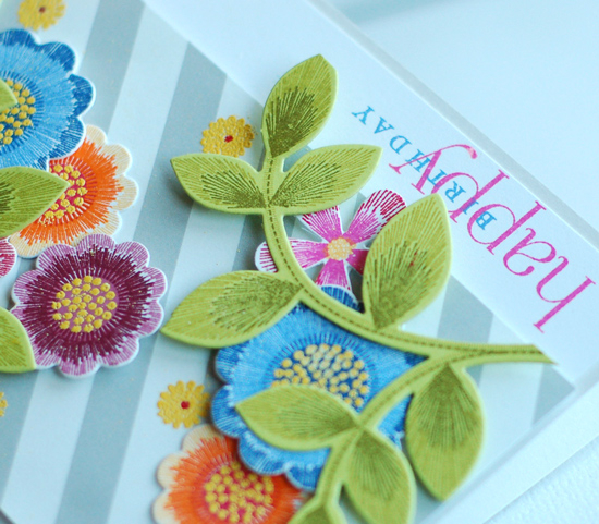 stamps:  embroidered blooms<br />
ink:  blueberry sky, spring rain, summer sunrise, orange...