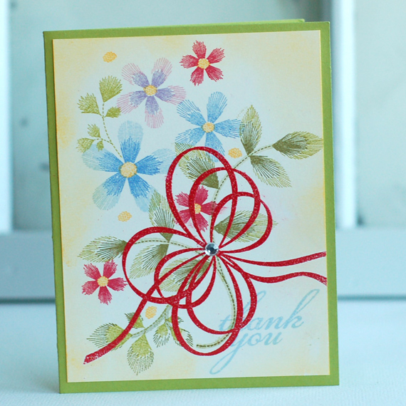 stamps:  embroidered blooms, ribbons &amp; bows<br />
ink:  summer sunrise, winter wisteria,...