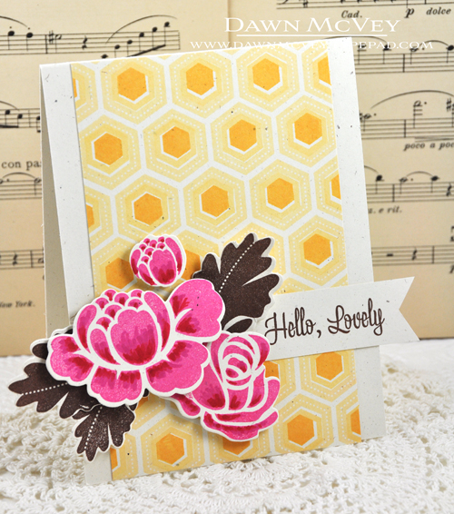 Paper: rustic cream<br />
Stamps: Happy For You, Rosie Posie<br />
Ink: lemon tart, harvest...