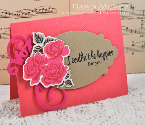 Paper: rustic cream, kraft, berry sorbet, raspberry fizz<br />
Stamps: Happy For You, The Sweet...