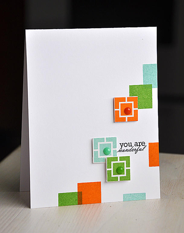 Stamps: Square Prints &amp; Framed Out #12<br />
Ink: Orange Zest, New Leaf, Aqua Mist &amp;...