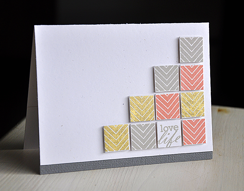 Stamps: Square Prints &amp; Framed Out #12<br />
Ink: Gold, Hero Arts Wet Cement &amp; Melon...