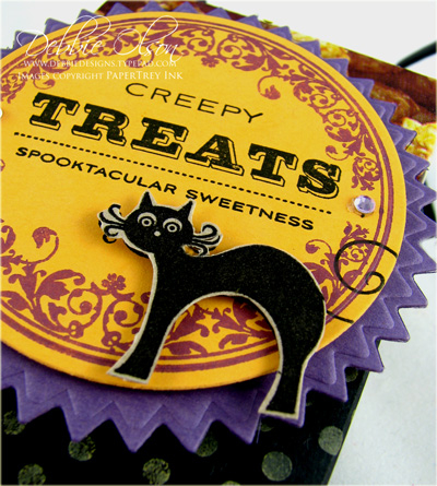 Stamps: Spooky Sweets II<br />
Ink: White Palette Ink, Black Versafine, Perfect Plumeria and...