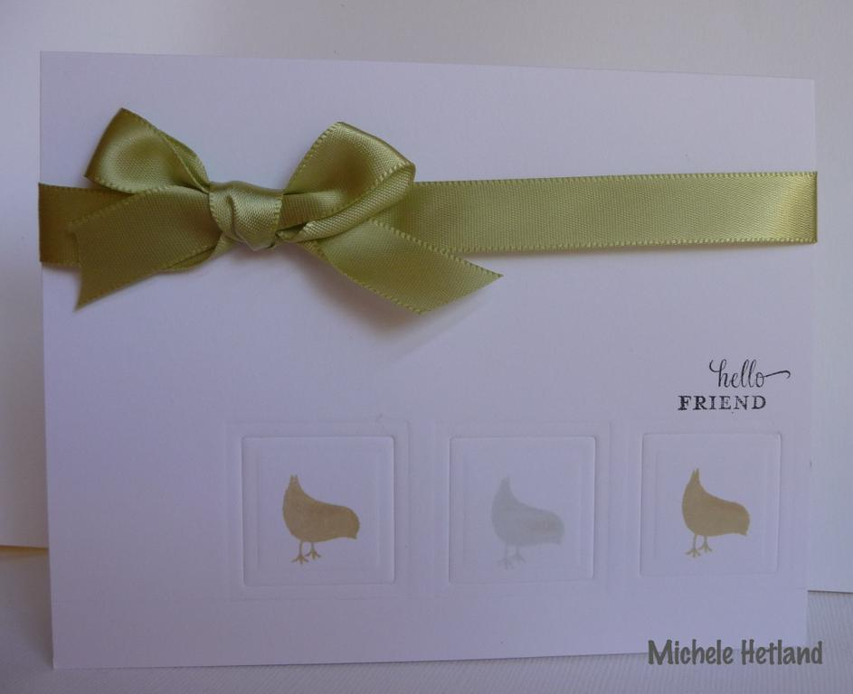 Simple little card using Birds of a Feather<br />
Supplies:  spring moss ribbon and ink, noir...
