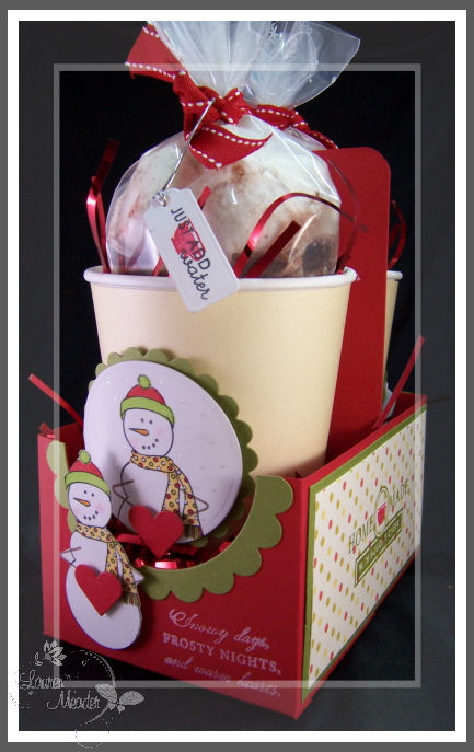 Cocoa To Go! Carrier<br />
<br />
Supplies:<br />
<br />
Stamps- Made of Snow, Holiday...