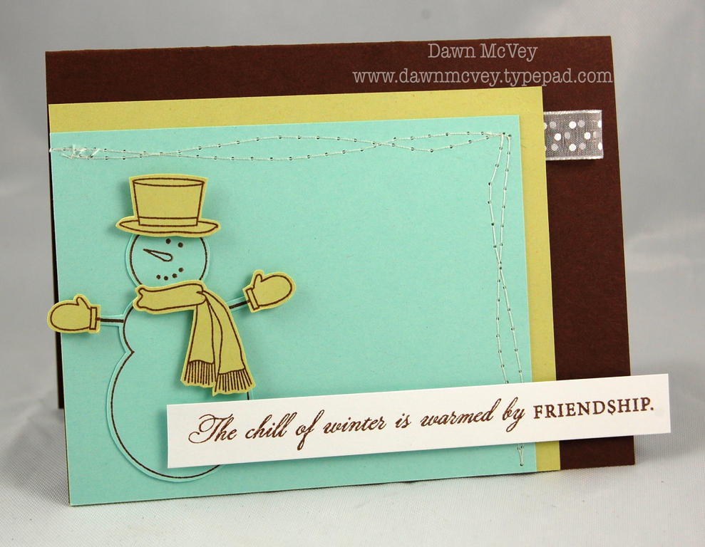 Paper: dark chocolate, aqua mist, spring moss, stamper's select white<br />
Stamps: Made...