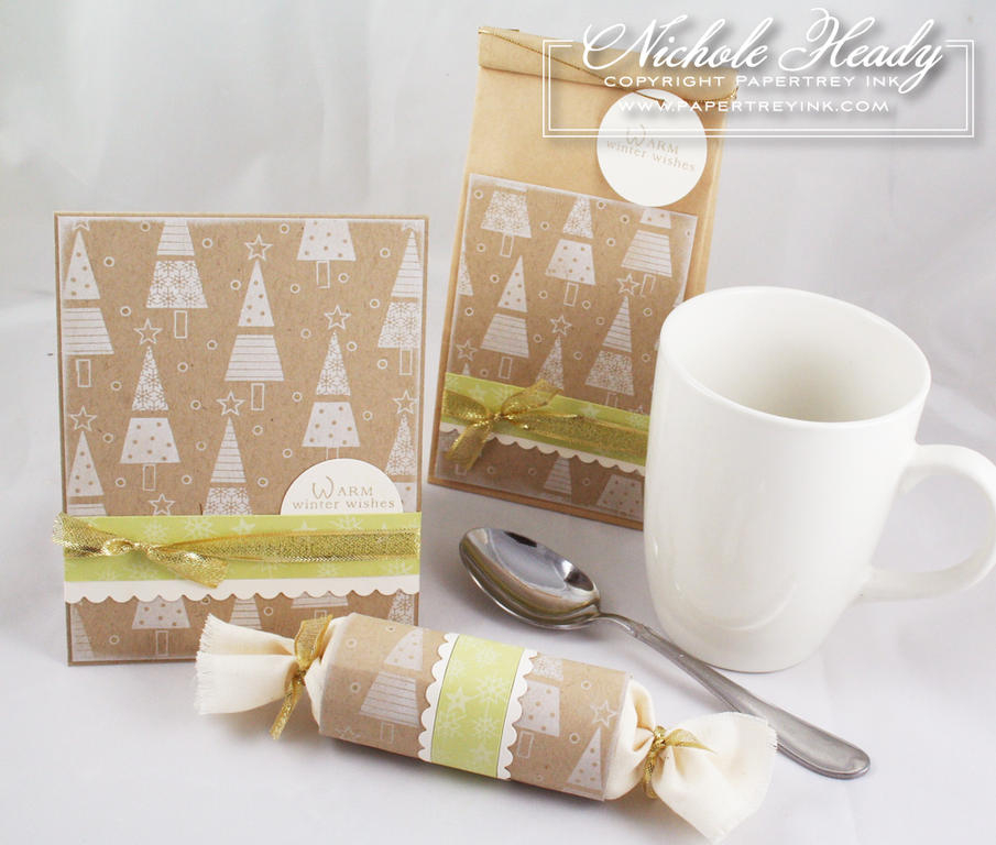 STAMPS: Merry &amp; Bright (available September 15th)<br />
INK: White pigment, gold Encore<br...