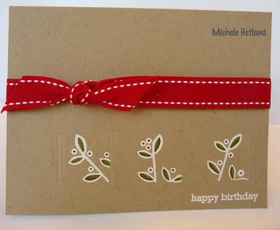 This card uses rustic branches, kraft cardstock, and pure poppy ribbon