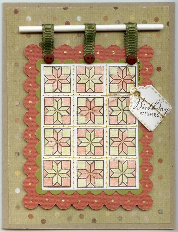 This is a 4 1/4 x 5 1/2 card.<br />
<br />
Supplies Used:<br />
Stamps - Quilter's...