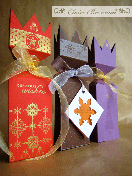 Three kings gift boxes - I designed these wee three sided boxes and had a ball stamping the red...
