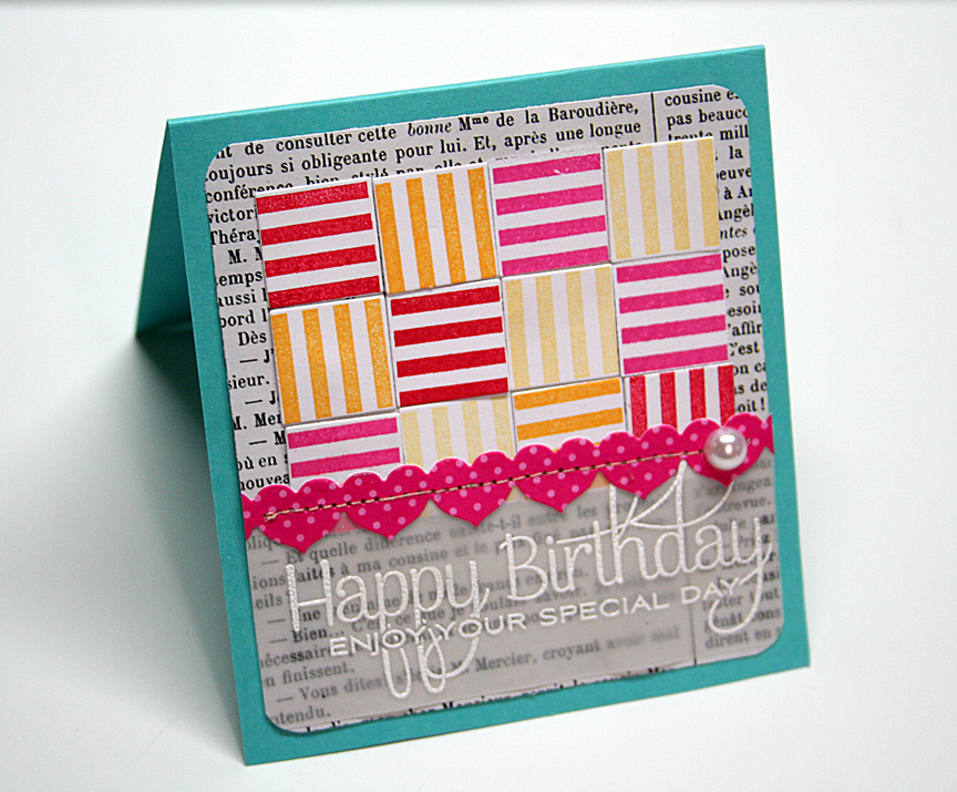 Happy Birthday card:<br />
STAMPS: Square Prints<br />
INK: <br />
PAPER: veFresh Snow,...