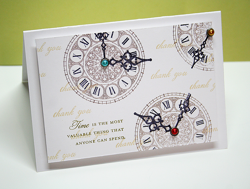 STAMPS: Hands of Time<br />
INK: Classic Kraft, True Black, Fine Linen, Ripe Avocado<br />...