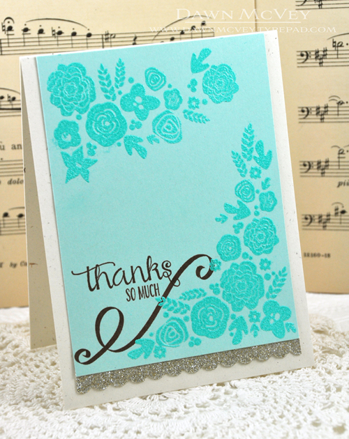 Paper: rustic cream, aqua mist<br />
Stamps: Mini Blooms<br />
Ink: versamark, dark...