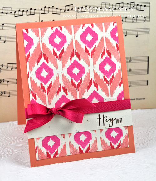 Paper: rustic cream, melon berry<br />
Stamps: Irresistibly Ikat<br />
Ink: dark chocolate,...