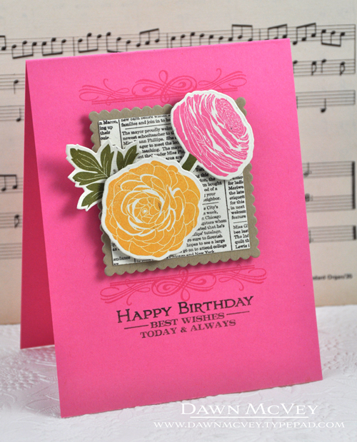 Paper: rustic cream, kraft, hibiscus burst<br />
Stamps: Boutique Borders: Birthday, Background...
