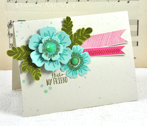 Paper: rustic cream, simply chartreuse, aqua mist<br />
Stamps: Happiness in Bloom, Sketched...