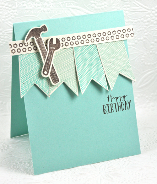 Paper: rustic cream, aqua mist<br />
Stamps: Handy Hardware, Sketched Shapes<br />
Ink: aqua...