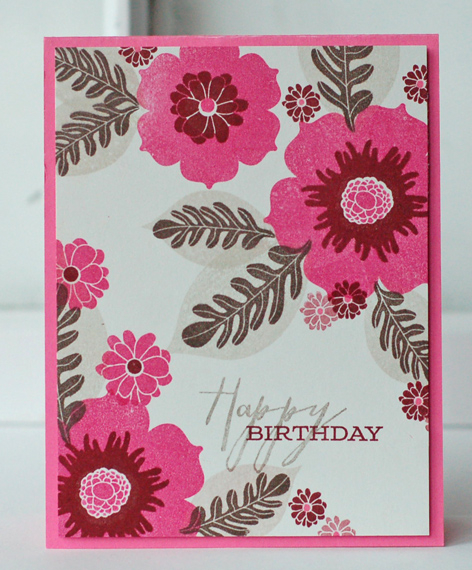 stamps:  happiness in bloom<br />
ink:  raspberry fizz, scarlet jewel, soft stone, smokey...