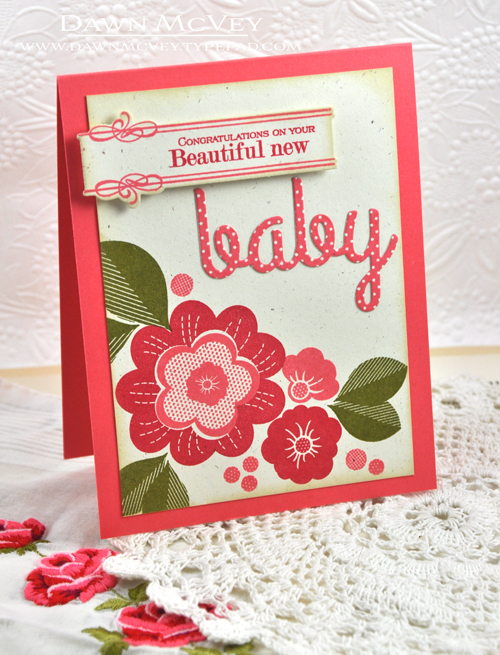 Paper: rustic cream, berry sorbet<br />
Stamps: Ruby Rose, Boutique Borders: Baby, Wonderful...