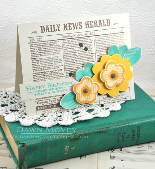 Paper: rustic cream, harvest gold<br />
Stamps: Ruby Rose, Background Basics: Newsprint<br />...