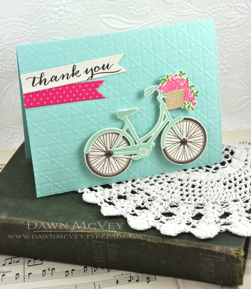 Paper: rustic cream, aqua mist, raspberry fizz pattern pack<br />
Stamps: Pedal Pusher<br />...